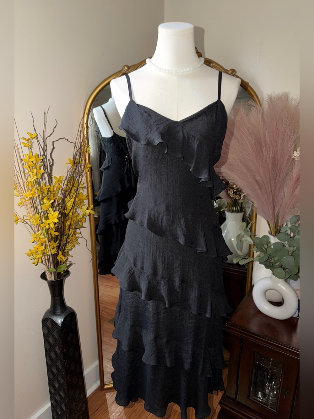MINKPINK Black Ruffle Tiered Slip midi Dress - size S